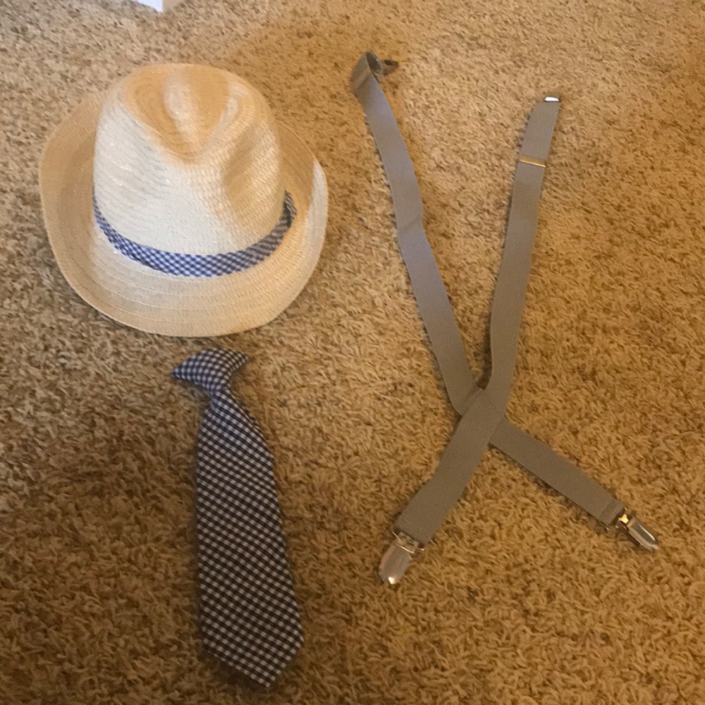 Toddler boy hat/suspenders/clip on tie